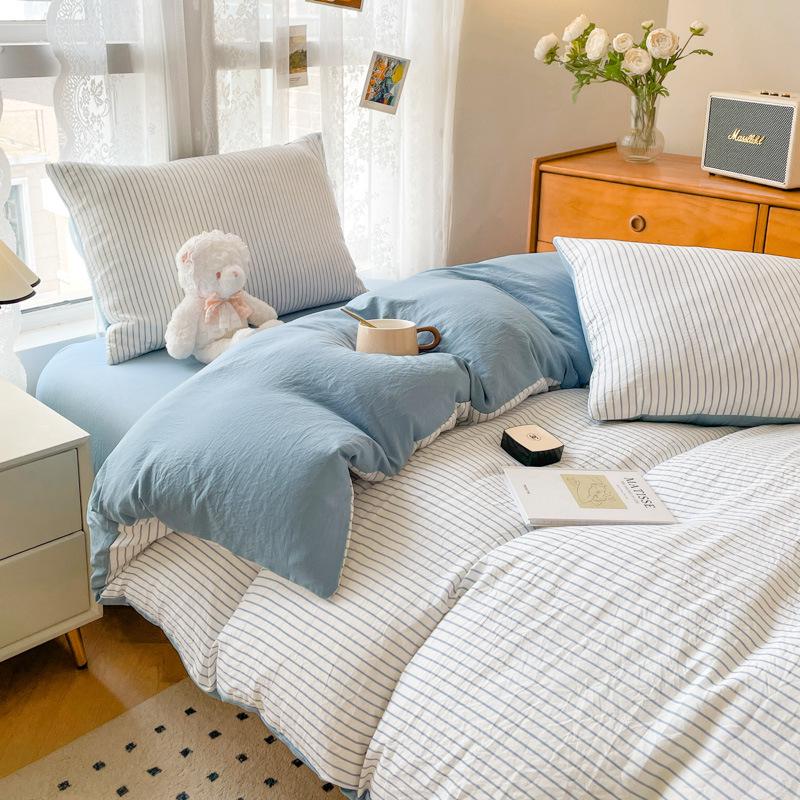 Minimalist Washed Cotton Bedding Set: Three-Piece for Dorm Beds, Includes Sheet, Duvet Cover, and Four Pillowcases