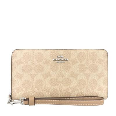 Coach Portofel FCW778 CW778 Portofel lung din piele cu fermoar, culoare nisip x taupe, Signature din pânză acoperită (Portofel lung) (cu curea) Pentru femei [Articol Outlet]