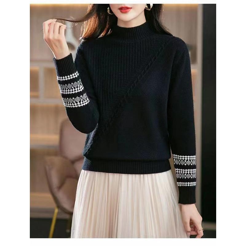 

Winter new semi-turtleneck pullover lazy temperament fashion jacquard loose knitted bottoming sweater women One Size чёрный