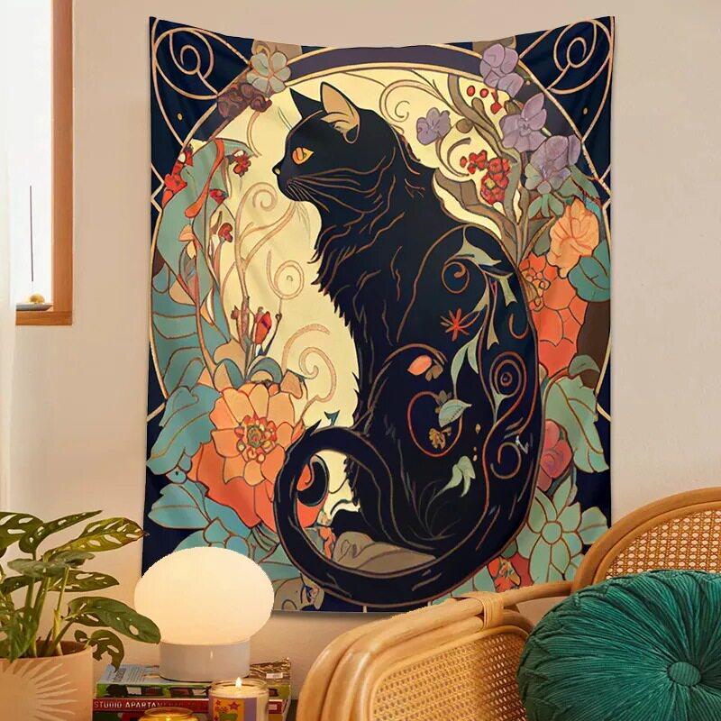 Black Cat Tapestry Floral Art Nouveau Wall Hanging for Bedroom Living Room Dorm Vintage Aesthetic Home Decor