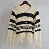 Spring & Fall New Arrival Contrast Color Stripes Lapel Long Sleeves Knitwear Women's Clothing Idle Style Sexy Cutout Tassel Wild Tops
