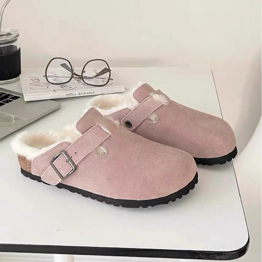 Pink platform Boken shoes, fluffy shoes, autumn and winter models, one-pedal outer wear, lazy retro bag head, half drag, velvet women's shoes