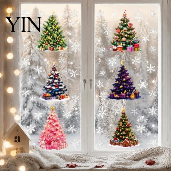 Colorful Snowflake Glass Clings 6Pcs Christmas Tree Static Window Sticker, PVC Cling, Removable Decal Transparent Film for Holiday Home Decoration,