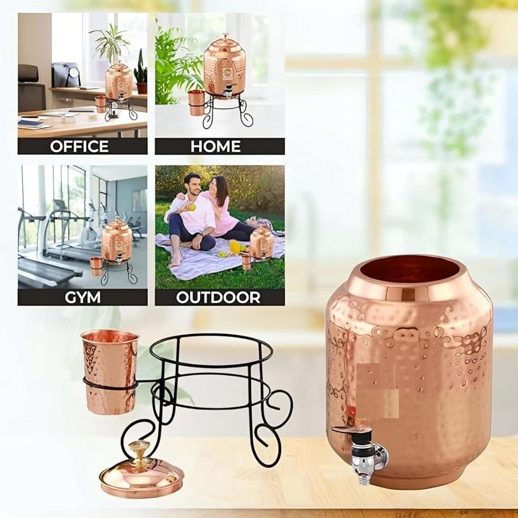 5 Liter Wasserspender aus gehämmertem Kupfer (Matka/Topf) Behältertopf mit 1 Kupferglas und Ständer Reines Kupfer und ayurvedische Gesundheitsvorteile (5000 ml)