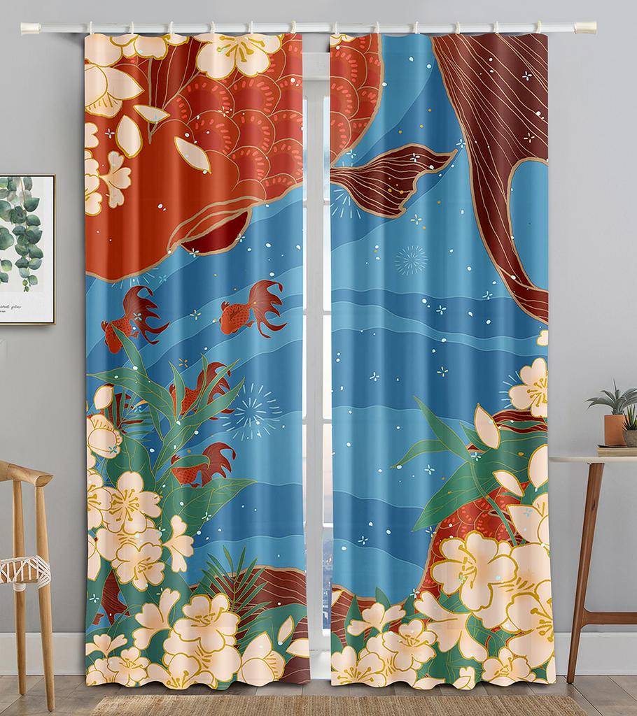 Chinese Tradtional Gold Fish Sea WaveBlackout Window Curtain for Living Room Bedroom Bathroom Kicthen Door Cupboard Decor Hooks
