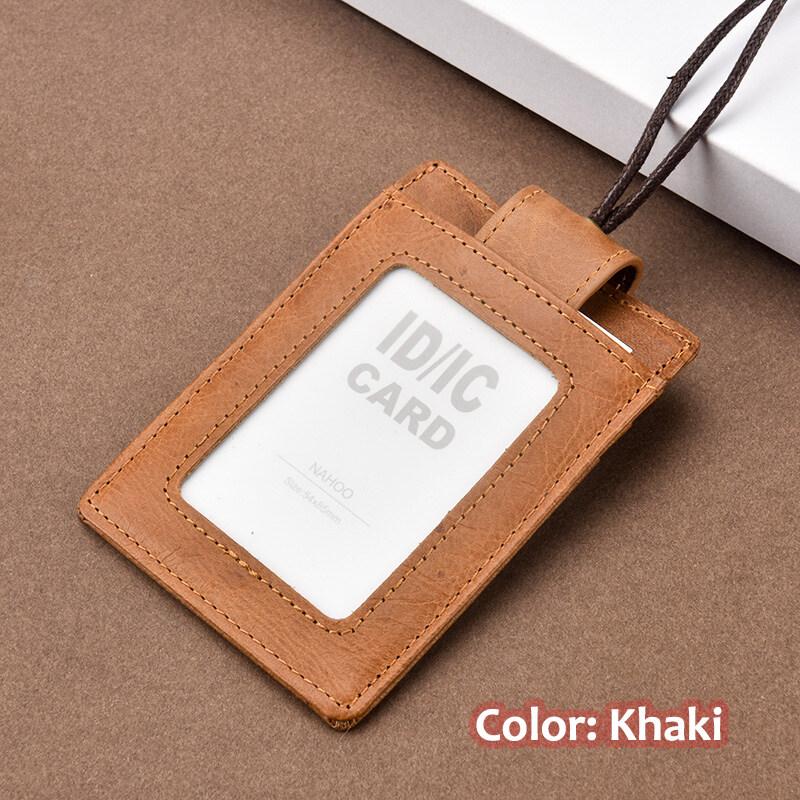 US Retro Crazy Horse Leather ID Card Badge Holder with Lanyard for Mens Multi Card Slots Coffee Cards Cases Office Supplies