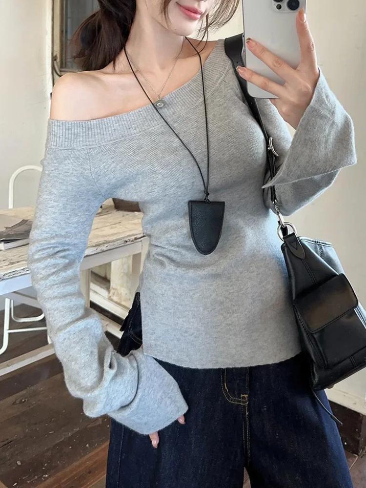Sexy Svetry Dámské Odhalená Ramena Zkrácené Pletené Základní Oblečení Podzim Vše-ladící Boční Rozparek Jednoduché Jemné Štíhlé Vznešené Svodné