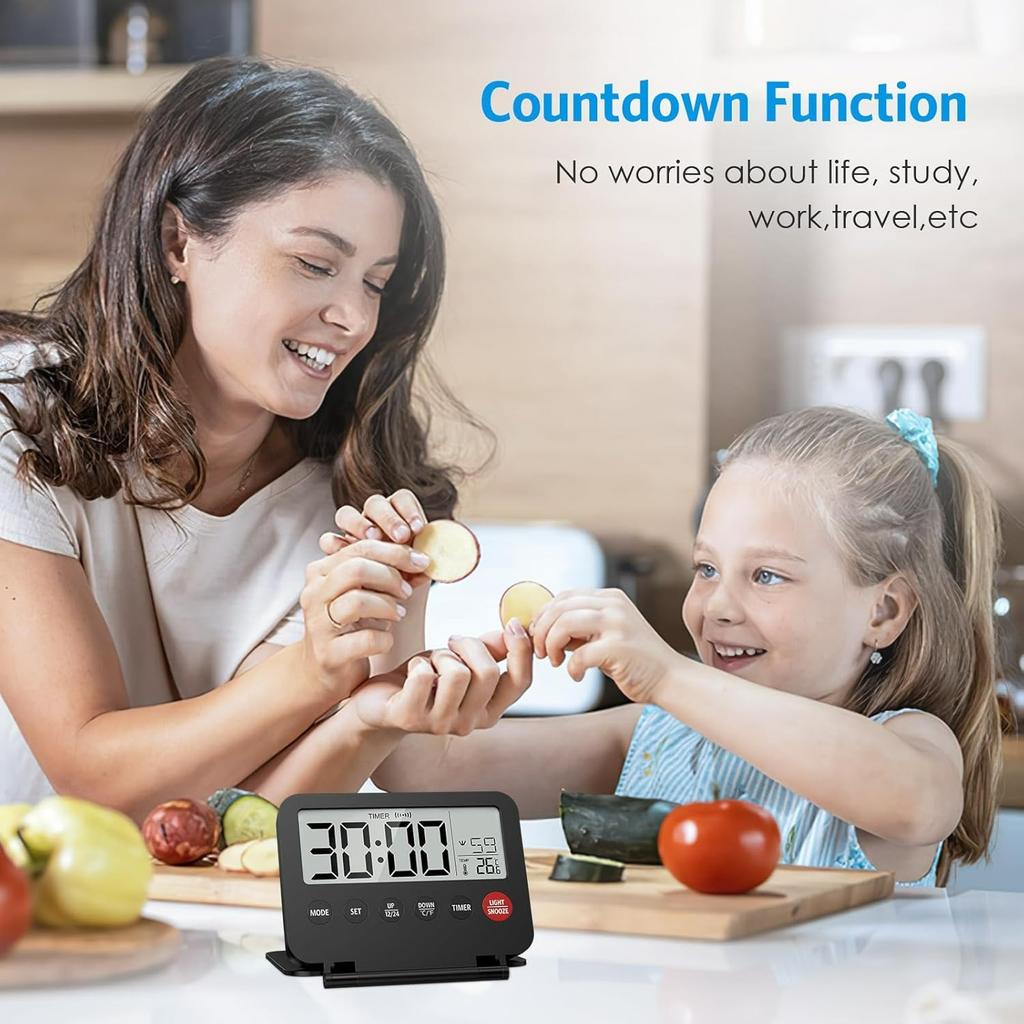 Small Digital Travel Alarm Clock, Black, Foldable Calendar Temperature Timer LCD Desk Clock, Snooze, 9 Alarm Sounds, Backlight, AAA Battery Operated