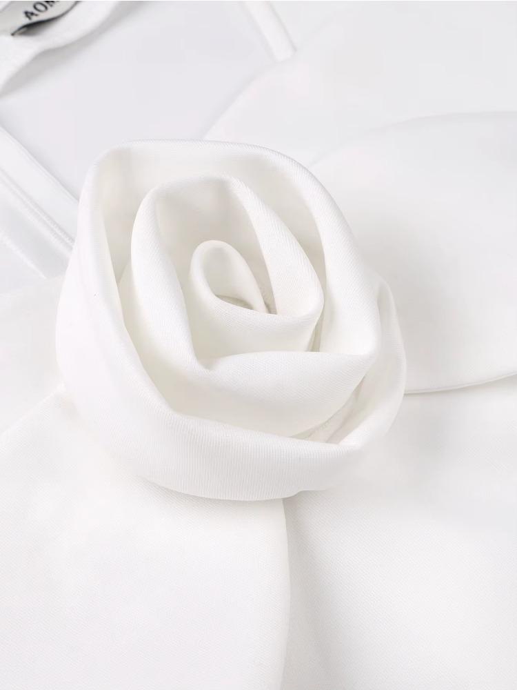 Elegantní dámské bílé midi šaty áčkového střihu 3D květina čtvercový výstřih dlouhé průsvitné rukávy plisované elegantní večerní párty svatební host šaty