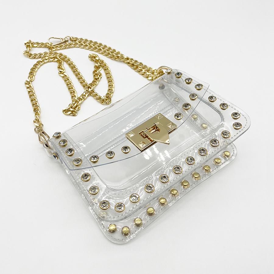 Women's New Flip Small Handbag Fashion Rivets Clear Jelly Shoulder Bag Transparent Crossbody Bag Y2K Chains Small Square Bag Sac