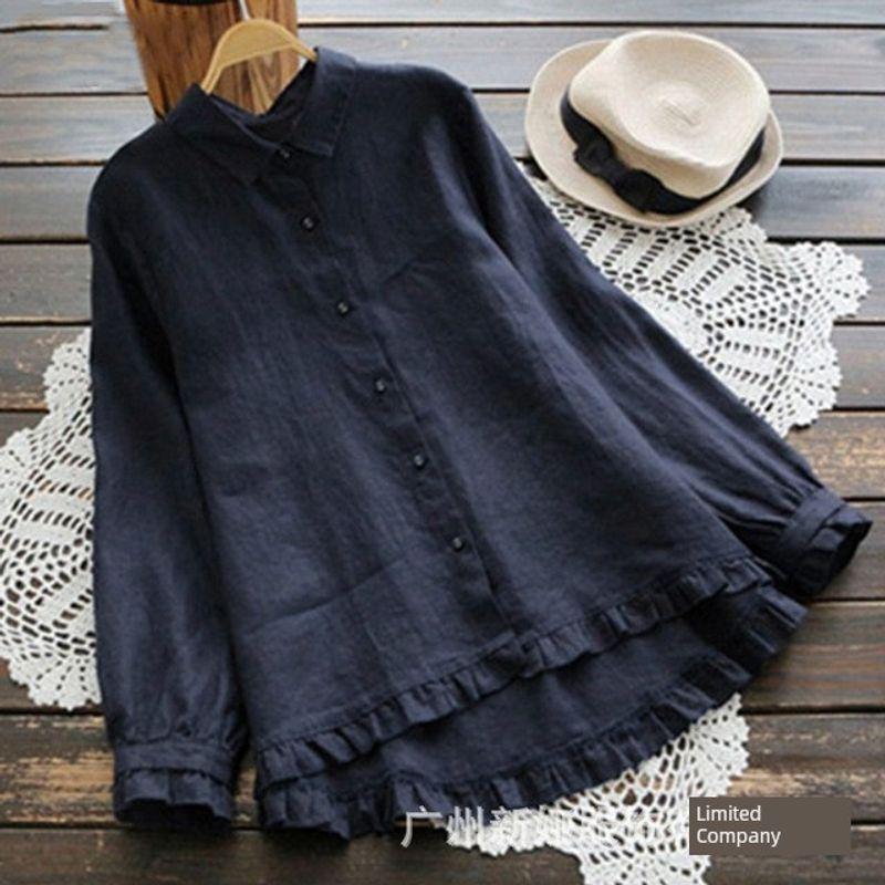 Solid Color Cotton and Linen Loose Shirt Women's Pure Color Cotton and Linen Loose Shirt