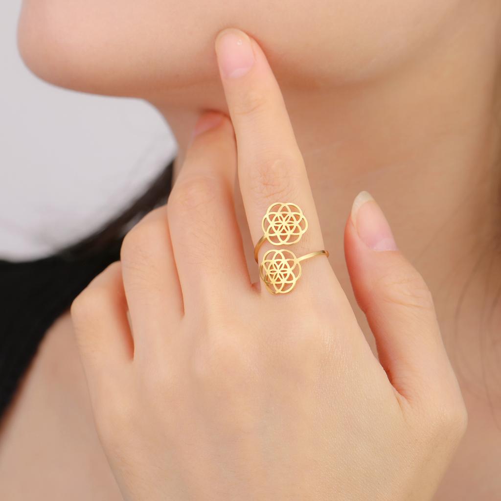 Sacred Geometry Flower Of Life Ring Women'S Stainless Steel Adjustable Ring Vintage Talisman Jewelry Party Gift