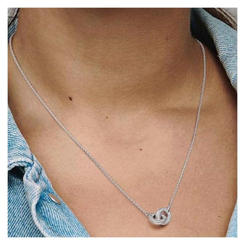 Pandora Double Ring Single Sided Pavé Design Necklace Women's Silver 392736C01