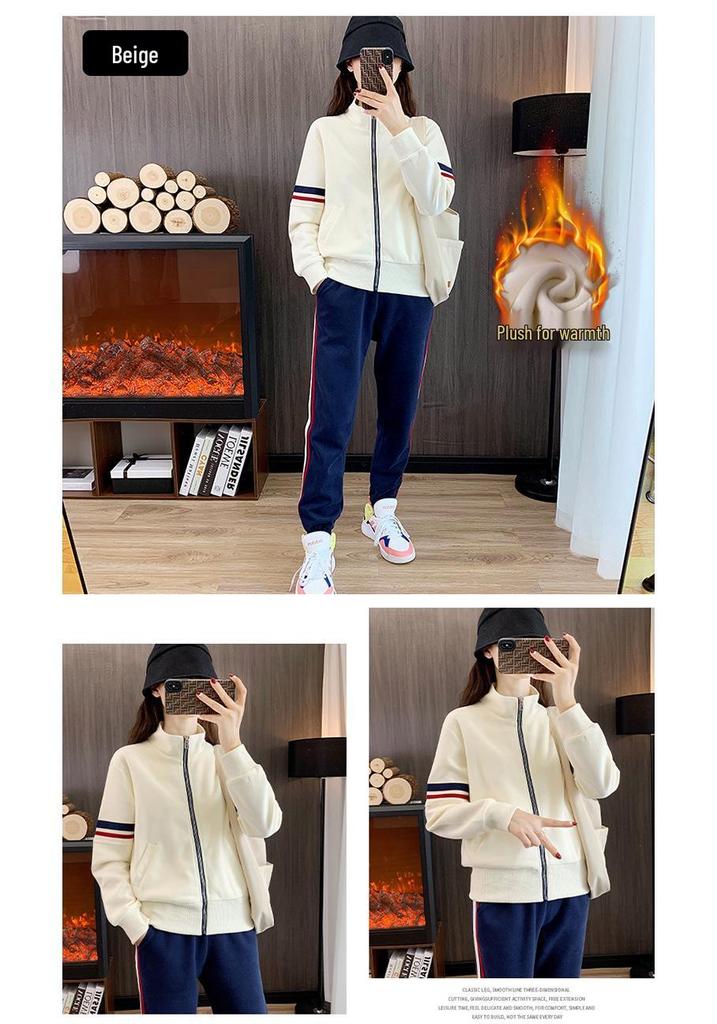 Winter Women's Fleece-Lined Slim Fit Cardigan & Joggers Fitness Set