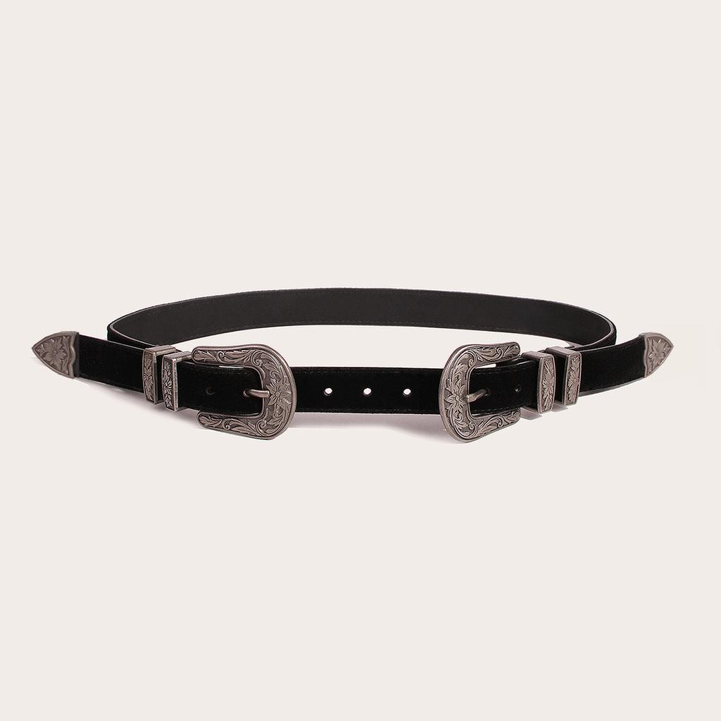 New Women's Western European and American Three-piece Black Deerskin Suede Belt Fashionable and Versatile Retro Carved Belt