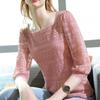 Lace Bottoming Shirt Women's Spring Three-quarter Sleeves A Word Collar Hollow Air Quality Crochet Small Shirt Slim Top