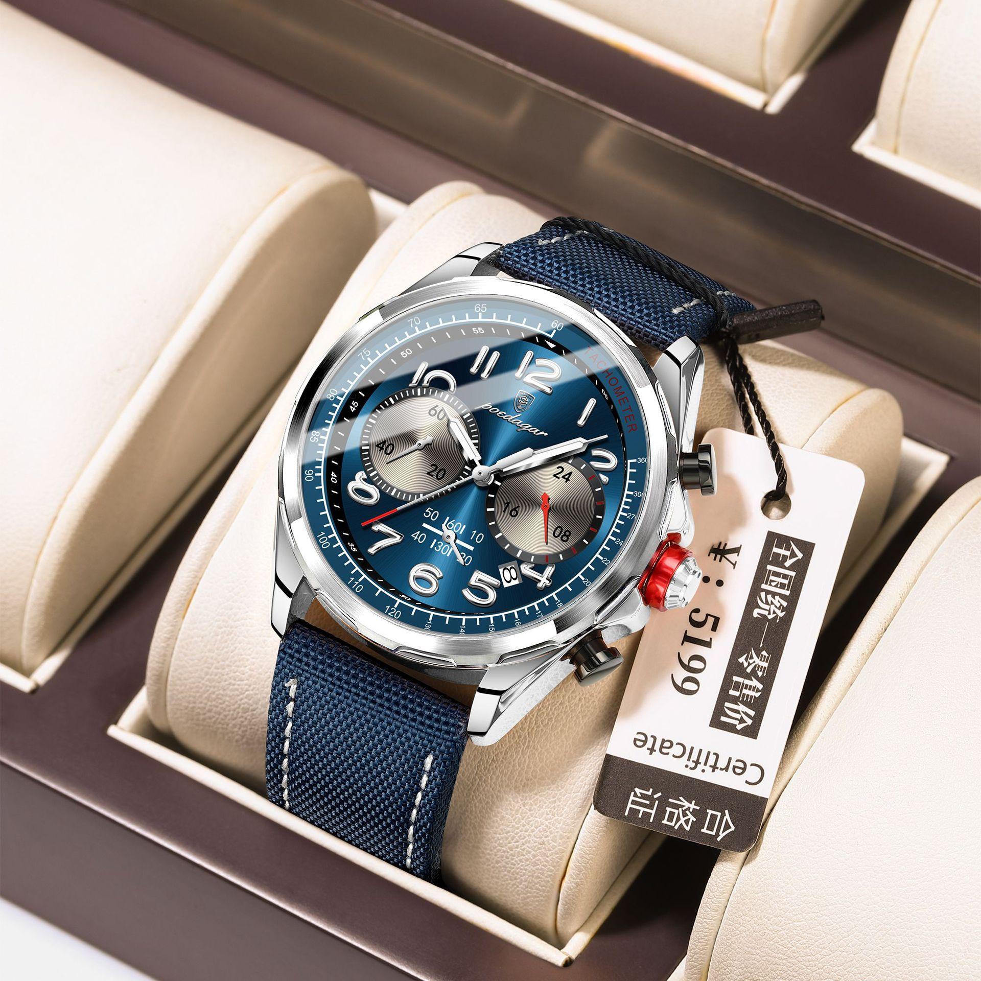 

POEDAGAR Men s Watch Swiss Brand Multifunctional New Sports Chronograph Top Quality Fashion Casual Luxury Wristwatch for Men P862Silver case with blue