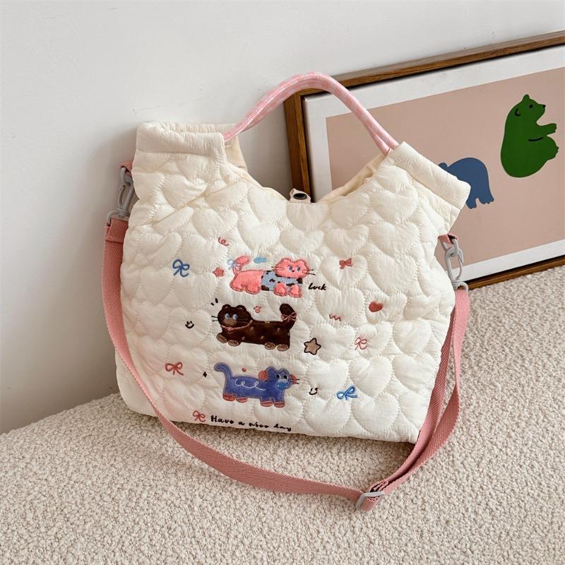 2 Cartoon Embroidery Soft Cute Messenger Bag Large Capacity Shoulder Tote Bag Quilting Cotton Commuter Tote Bag