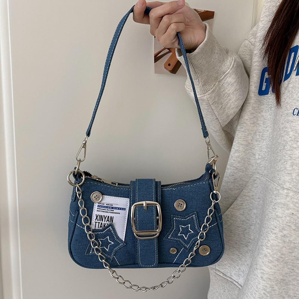 

Сумка подмышку в стиле Y2K, сумка-полумесяц на цепочке, простая джинсовая сумка через плечо со звездами, на каждый день синий