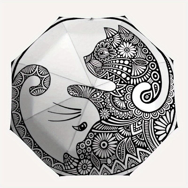 1pc Cat Mandala Art Automatic Open/Close Umbrella, Umbrella with cartoon Design, Portable Compact Umbrella for Men & Women, Good Holiday Gif
