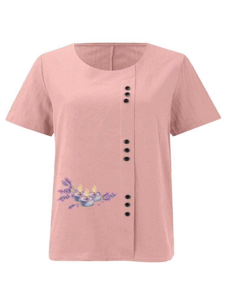

Women s Fashion Purple Candle Flowers Print Round Neck Short Sleeve T-shirt Summer Casual Cotton Linen Graphic Shirt Leisure Loose Blouse Tops S розовый