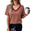 Women’s Short Sleeve V Neck Striped T Shirt Basic Summer Blouse Casual Loose Fit Lightweight Top for Daily Wear