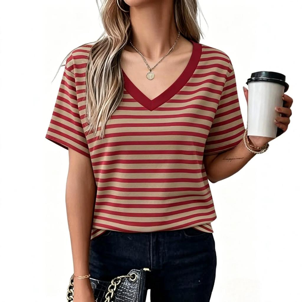 Women’s Short Sleeve V Neck Striped T Shirt Basic Summer Blouse Casual Loose Fit Lightweight Top for Daily Wear