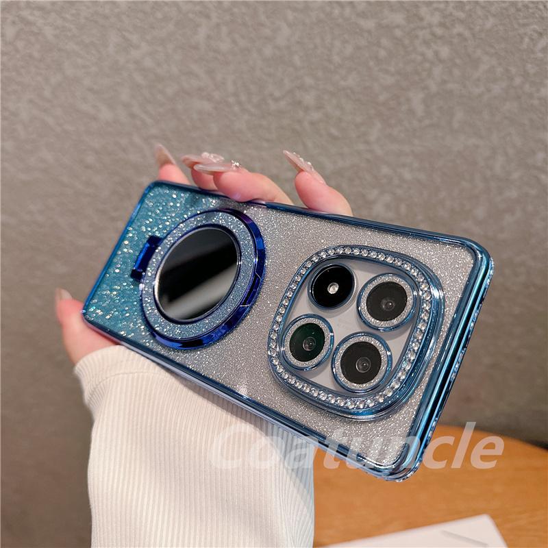 Luxury Glitter Magnetic Magsafe Mirror Bracket Diamond Case for Xiaomi Redmi Note 14 Note14 Pro Plus 14S 14C 4G 5G Plating Cover