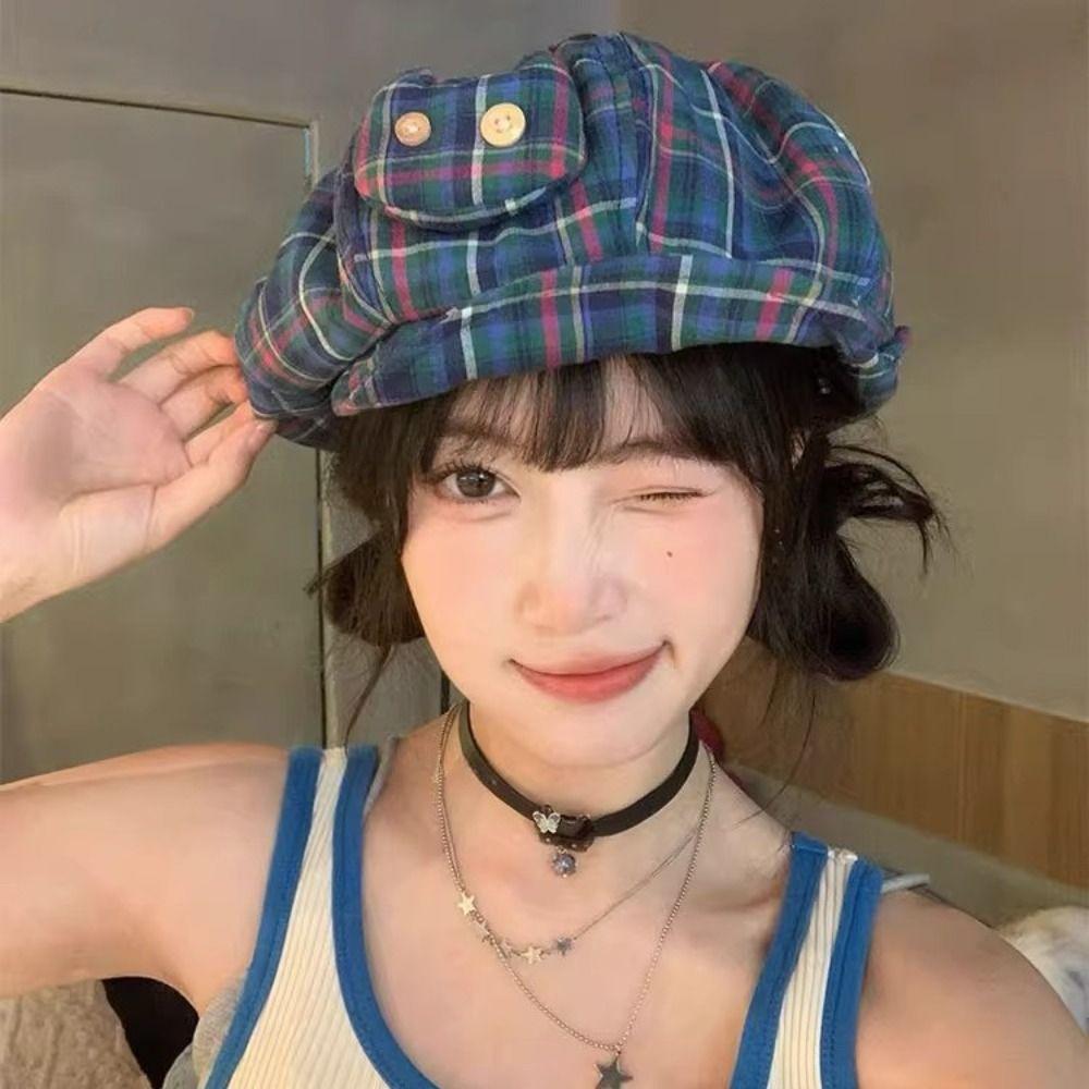 Korean Style Plaid Cloud Berets Sun Protection Octagonal Caps Retro Newsboy Cap  Female