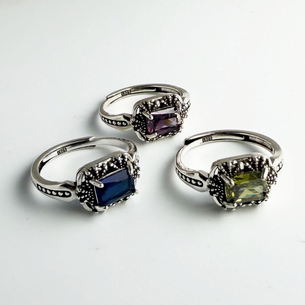 925 Sterling Silver Rings For Women Geometric Fine Jewelry Finger Adjustable Vintage Blue Stone Ring For Party Birthday Gift