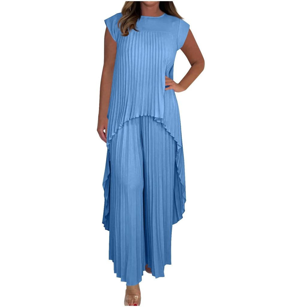 Women's Round Neck Color Raglan Top Pleated Straight Leg Pants Set Two-piece Set