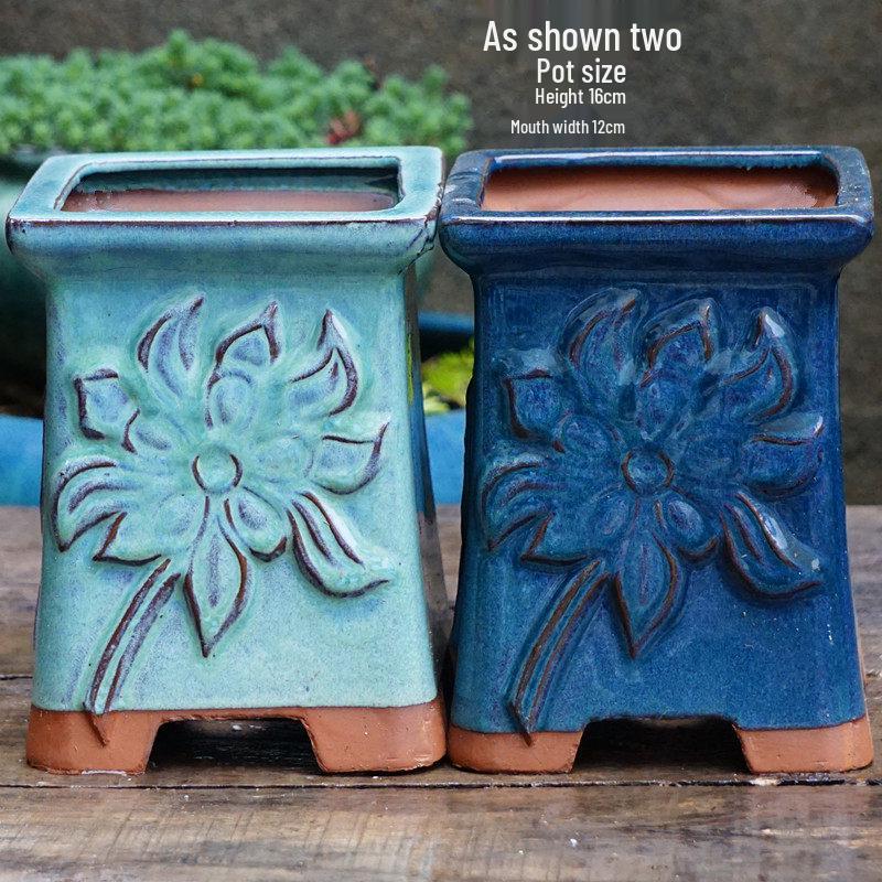 Yixing Handmade Square Mouth Coarse Pottery Planter - Large Succulent Flower Pot with Old Branch Design and Jade Pendant.