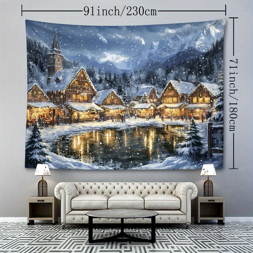 1pc Nordic Snowy Christmas Town Tapestry - Cozy Winter Scene with Snow-Covered Houses, Warm Lights & Starry Night Sky, Bohemian Home Decor for Living
