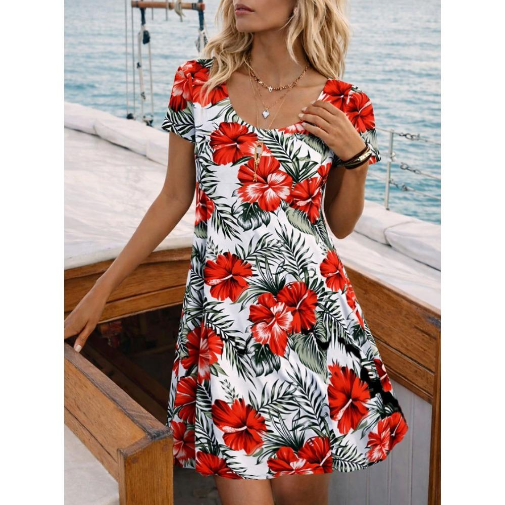 Vestidos Casuais Femininos de Verão e Primavera com Estampa Floral, Manga Curta e Gola Redonda