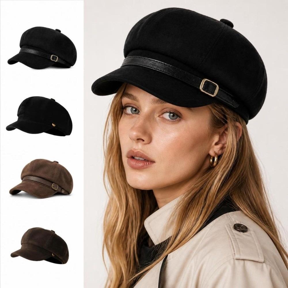 Leather Belt Decor Newsboy Cap British Style Octagonal Beret Hat Retro Baker Boy Cap For Women
