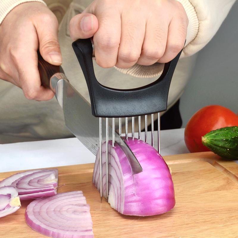 Stainless Steel Onion Cutter Holder Food Slicers Assistant Tomato Onion Slicer Holder Vegetables Cutting Fork Kitchen Gadgets