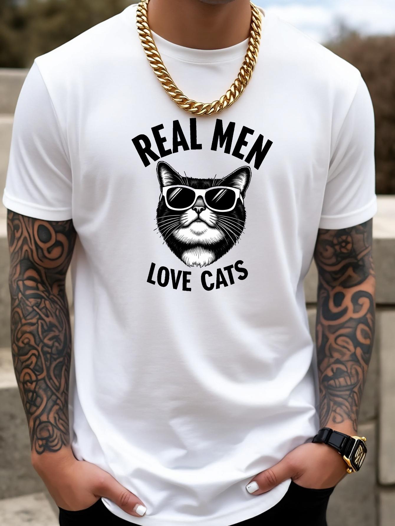 Real Men Love Cats Graphic T-shirt - Black with White Cat Design XXXXL