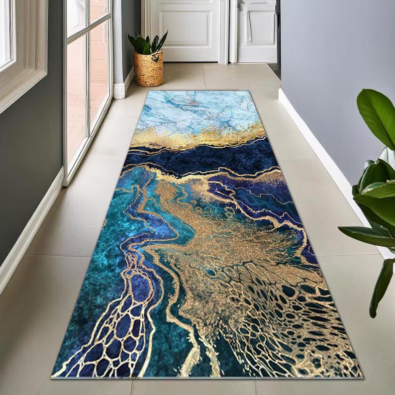 

Luxury Blue Gold Carpet Mat Rug Home Decoration Wave Pattern Floor Area Rug Living Room Bedroom Modern Art Bedroom Decor 40X120CM
