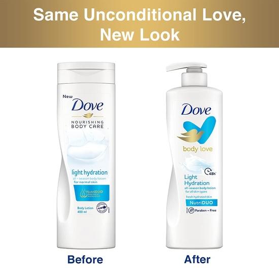 DOVE Body Love Leichte Feuchtigkeitspflege Bodylotion Für alle Hauttypen Parabenfrei, 48h Feuchtigkeitspflege mit pflanzlichem Feuchtigkeitsspender, 400ml