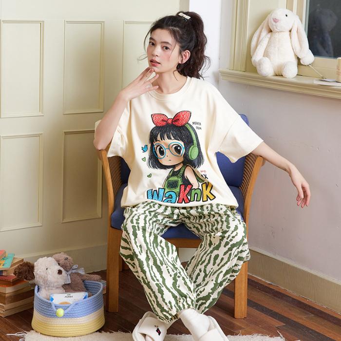 

Women s Cotton Pajamas Summer New Sle Ort Sve Long Pants Large Size Cartoon Cute Sweet Home Leisure Suit Set Casual Fasion M