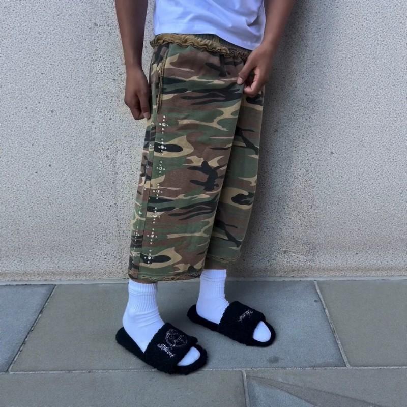 Americké Camo Roztřepené Teplákové Šortky Volný Střih Ležérní Streetwear
