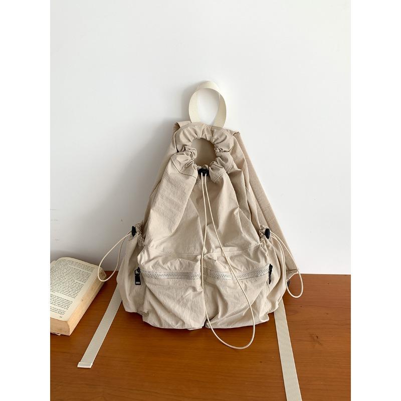 Drawstring Pleated Schoolbag Backpack Women's Niche~~ Nylon Large Capacity Travel Light Backpack Commuter Women