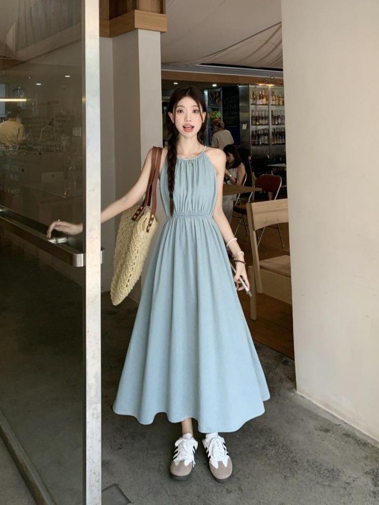 Blue French neck sling dress children's summer new seaside vacation style sleeveless beach dress