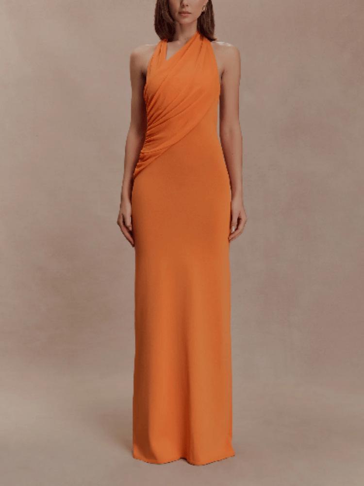 European and American Style Sexy One-Shoulder Sleeveless Slim Ruched Backless Dress for Women L