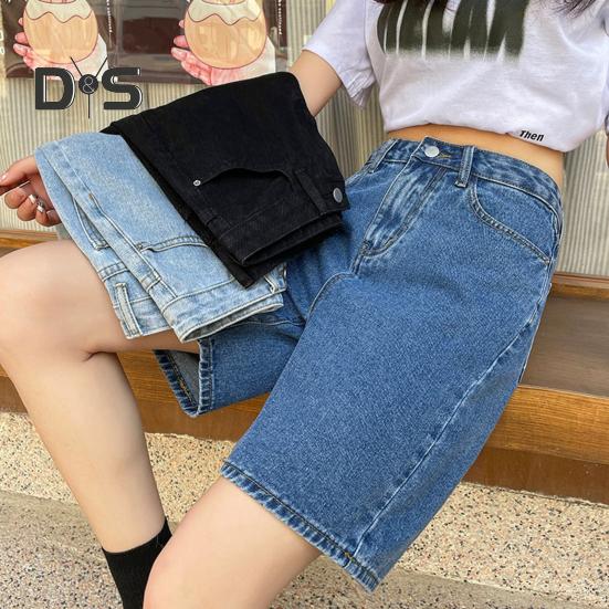Women Knee Length Jeans A-line Adjustable Buttoned Waist Zipper Closure Plus Size Pockets Vintage Solid Color Loose Lady Denim Shorts Casual Short