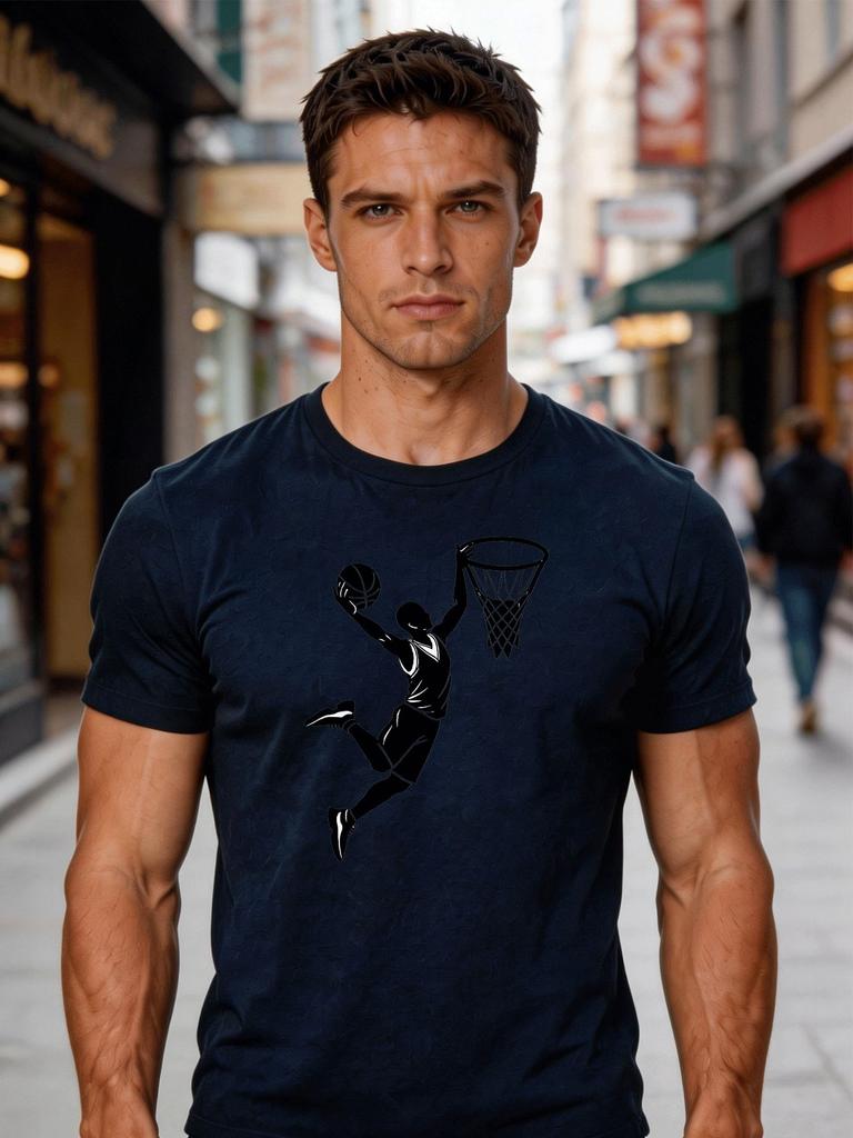 Unisex Crew Neck Tee Basketball Dunk Silhouette Front Print Short Sleeve Oversized Male Daily Casual Soft Breathable Basic Wear Top