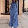 Spring New European and American Women's Clothing Crew Neck Horn Sleeves Sexy Temperament High Waist Splicing Thin Lace Dress