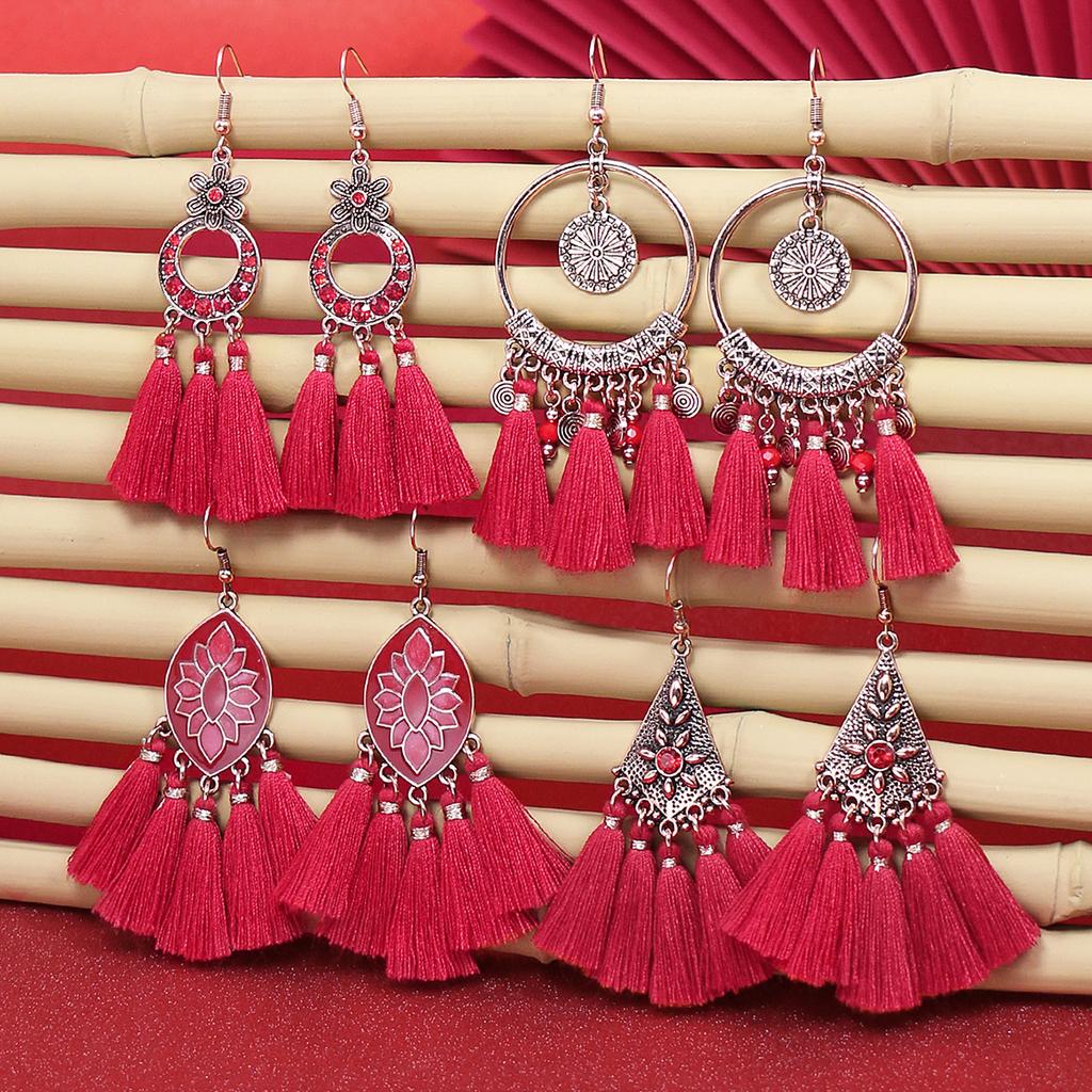 Conjuntos Combinados de Brincos Femininos Estilo Vintage Borla Vermelha Gota para a Orelha Boa Sorte Geometria Contas Fluídas Fácil Combinação Roupa Diária