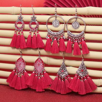 Vintage Style Women Earrings Combination Sets Red Tassel Eardrop Good Luck Geometry Flowing Beads Easy Matching Daily Clothing