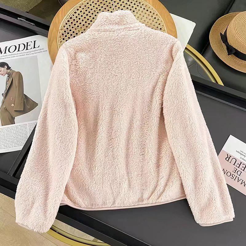 Cardigan gros de fleece coral cu fermoar pentru femei: Mânecă lungă, guler înalt, jachetă de vânt pentru toamnă/iarnă.